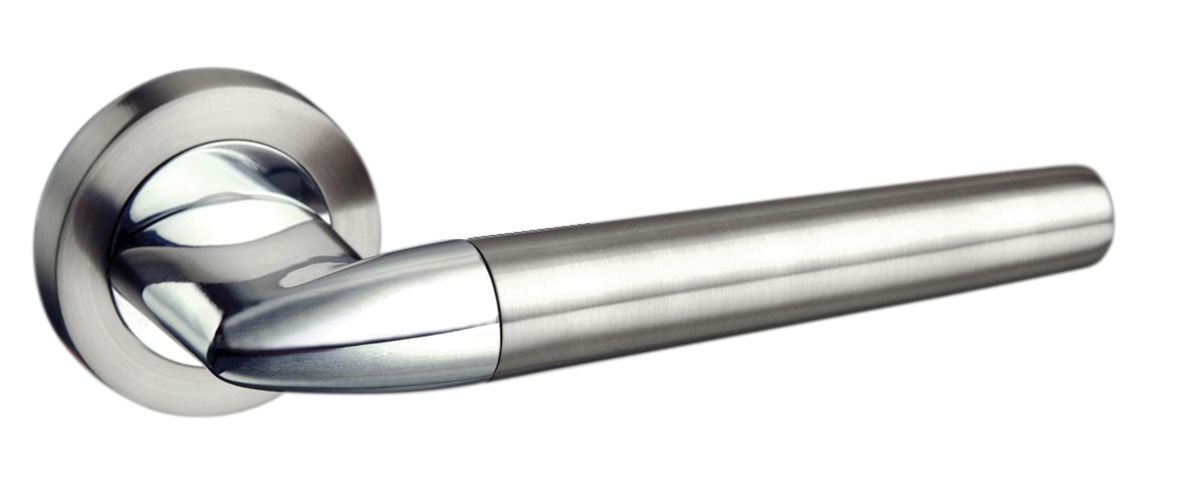 Mediterranean Toulon Lever on Round Rose - Satin Nickel/Polished Chrome