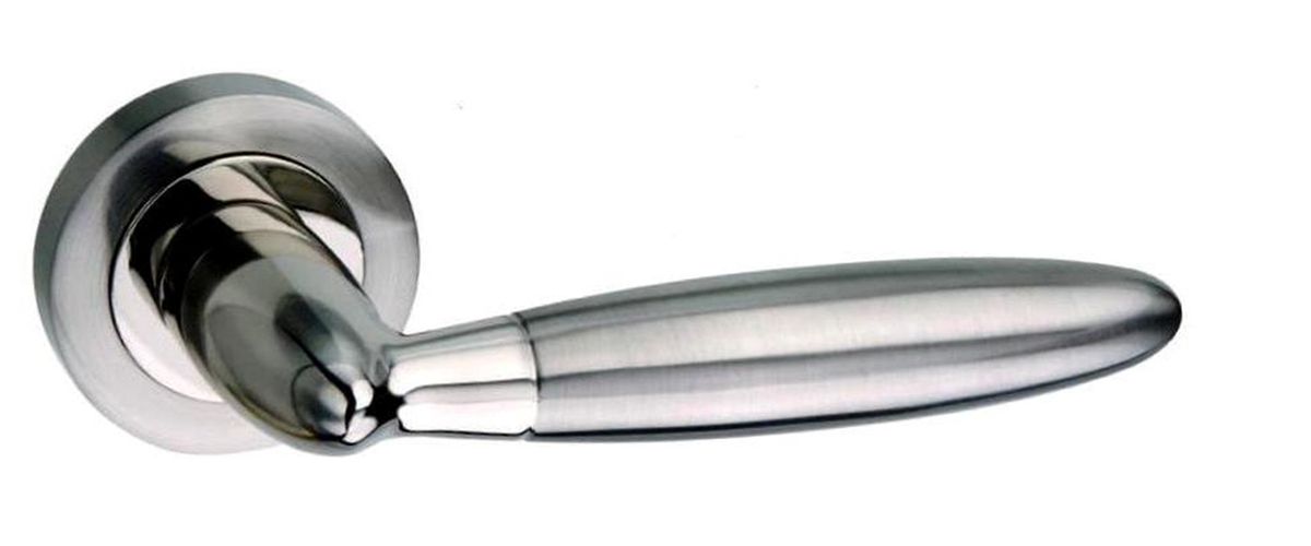 Mediterranean Gibraltar Lever on Round Rose - Satin Nickel/Polished Nickel