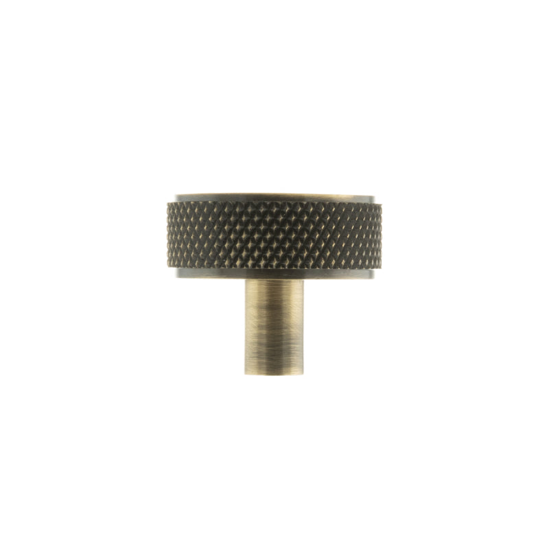 Atlantic Millhouse Brass Hargreaves Disc Knurled Cabinet Knob on Concealed Fix - Antique Brass