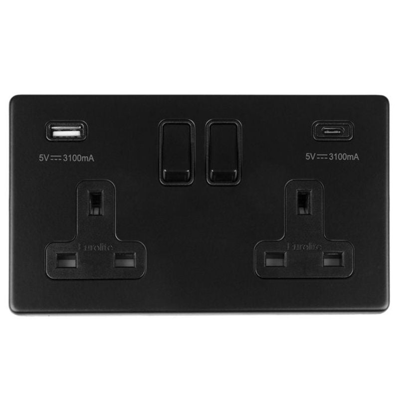 Carlisle Brass 2 Gang 13Amp Switched Socket With USB C Matt Black