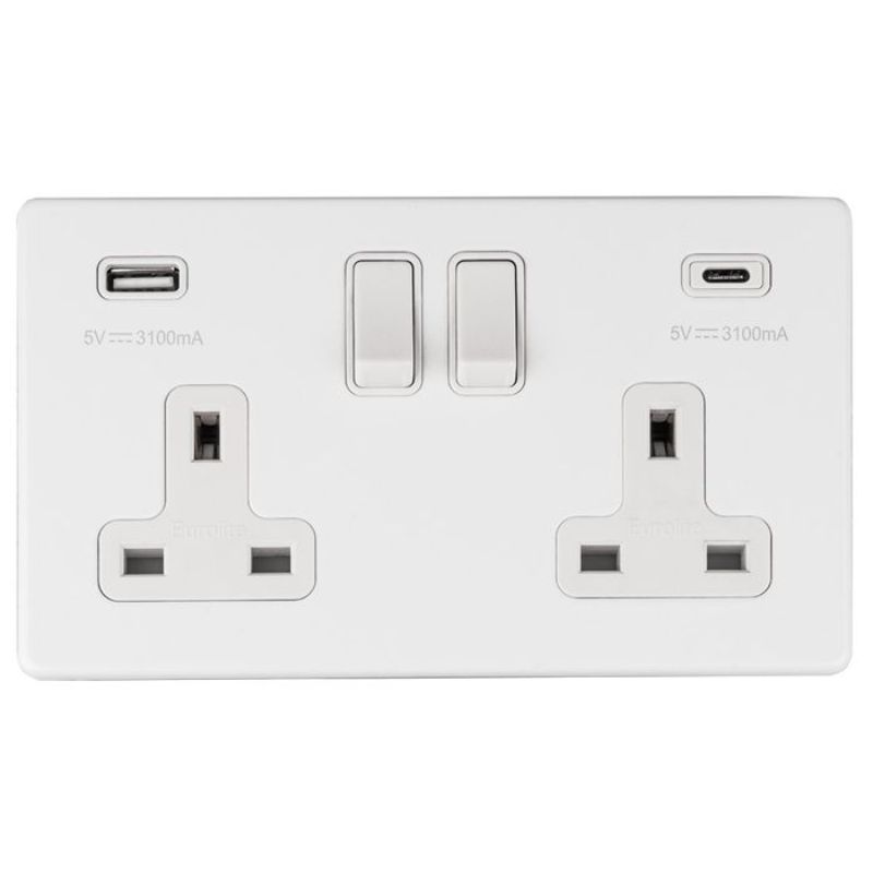 Carlisle Brass 2 Gang 13Amp Switched Socket With USB C White