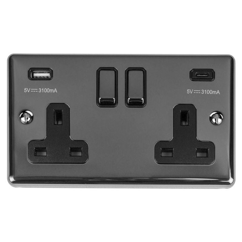 Carlisle Brass 2 Gang 13Amp Switched Socket With USB C Black Nickel