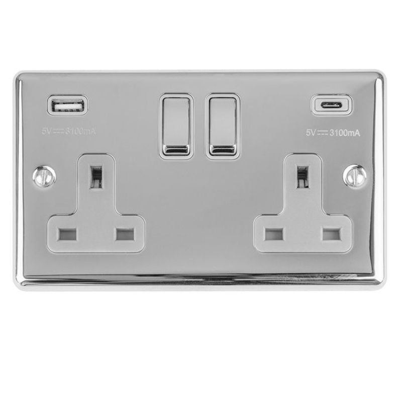 Carlisle Brass 2 Gang 13Amp Switched Socket With USB C Polished Chrome