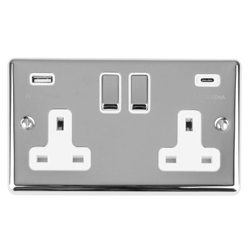 Carlisle Brass 2 Gang 13Amp Switched Socket With USB C Polished Chrome