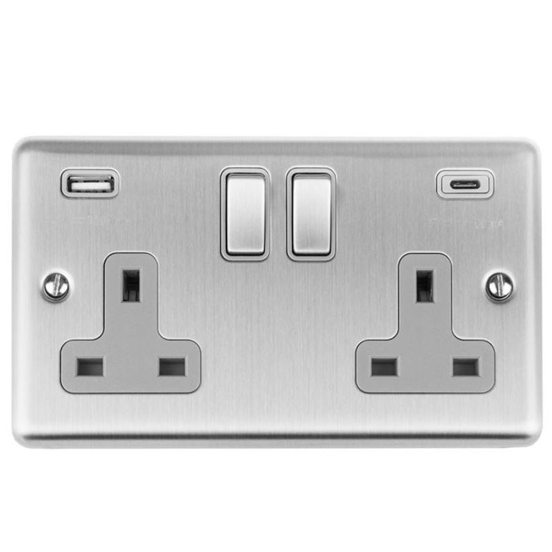 Carlisle Brass 2 Gang 13Amp Switched Socket With USB C Stainless Steel