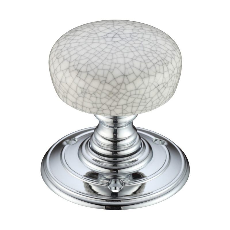 Porcelain Mortice Knob on Round Rose - Grey Crackle - Face Fix-Polished Chrome