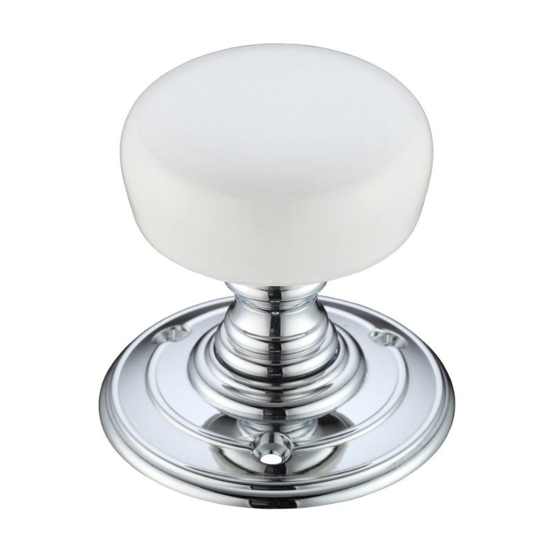 Porcelain Mortice Knob on Round Rose - Plain White - Face Fix-Polished Chrome