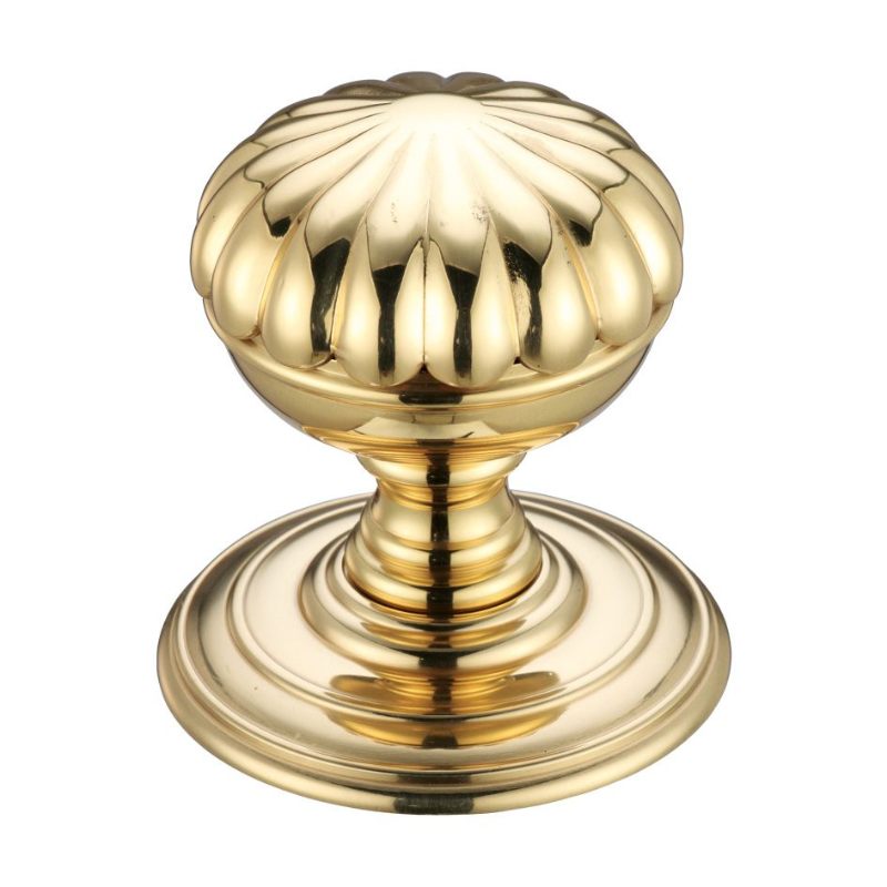 Flower Mortice Knob on Round Rose - Concealed Fix -Polished Brass