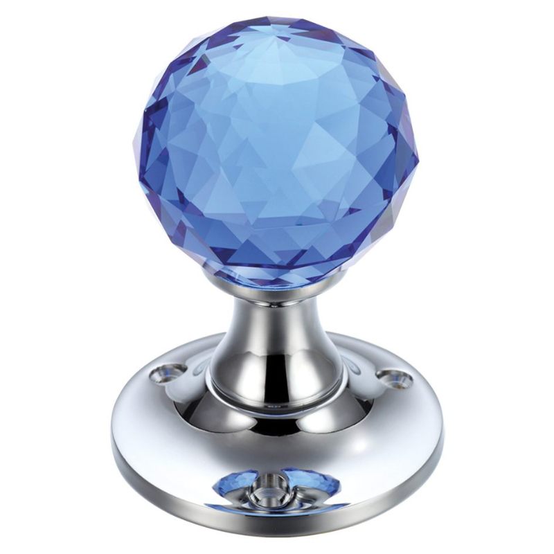 Glass Ball Mortice Knob - Facetted Blue - 50mm -Polished Brass