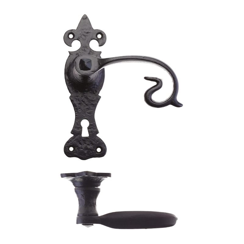 Scroll Lever on Fleur De Lys Backplate - 6" - Lock-Black Antique