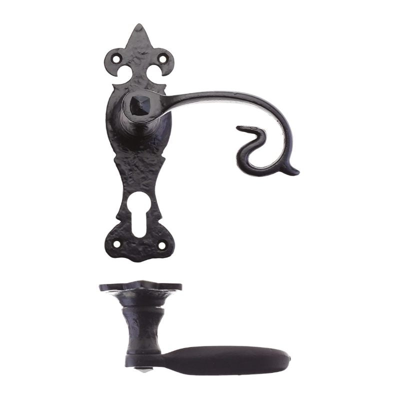 Scroll Lever on Fleur De Lys Backplate - 6" - Euro-Black Antique