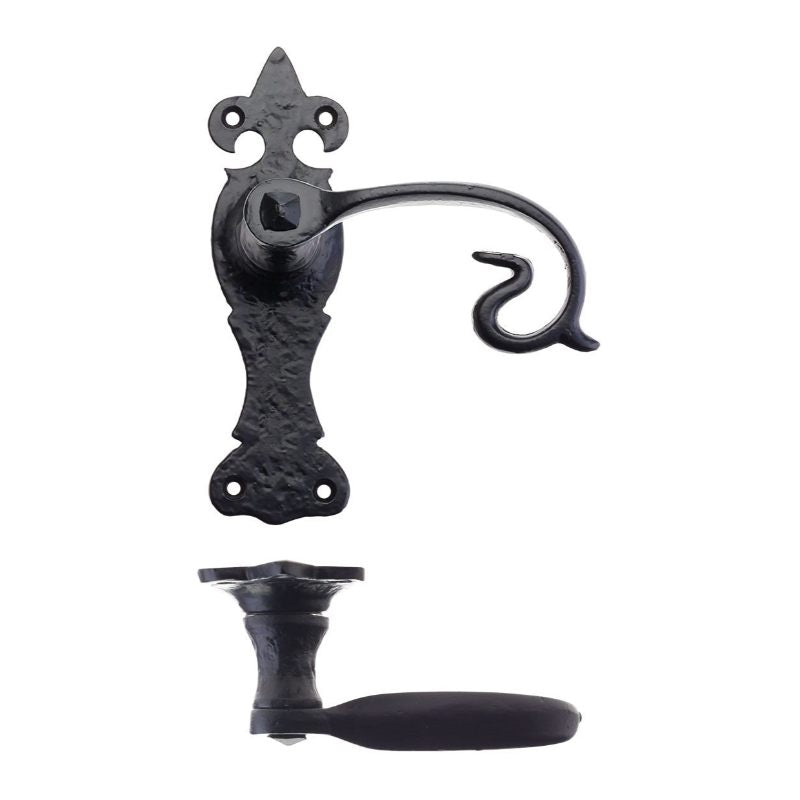 Scroll Lever on Fleur De Lys Backplate - 6" - Latch-Black Antique