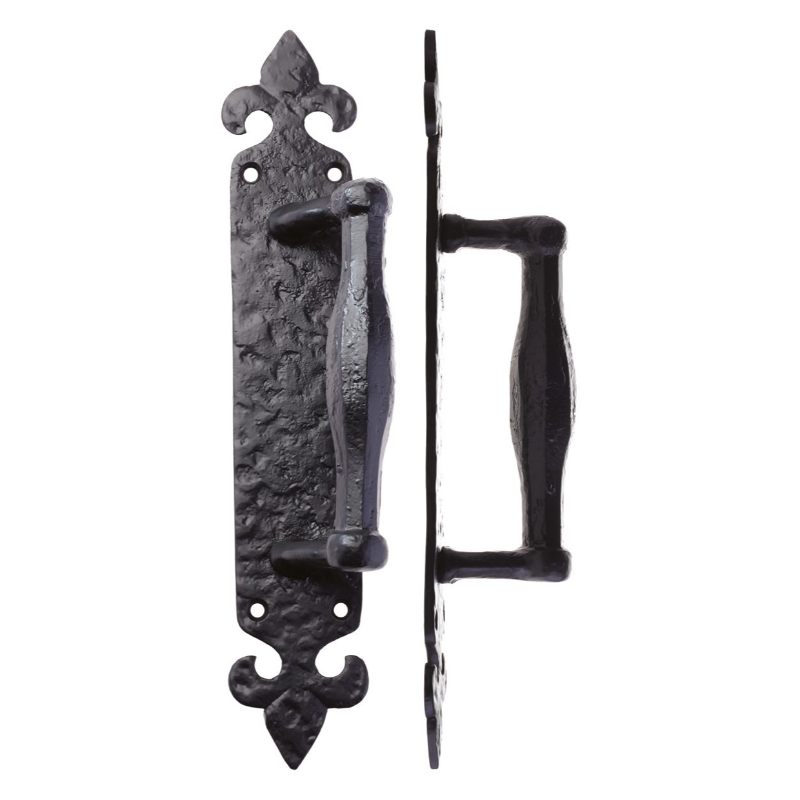 Pull Handle on Fleur De Lys Backplate - 10"-Black Antique