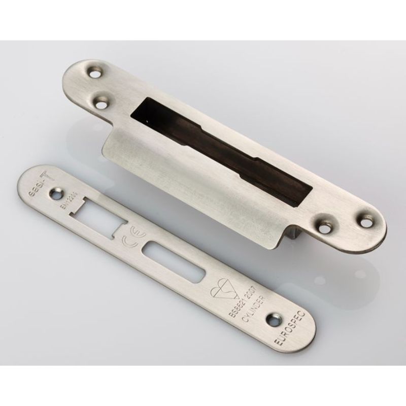 Carlisle Brass Forend Strike & Fixing Pack To Suit BS8621 Cylinder Sashlock-Satin Stainless Steel-Radius Forend