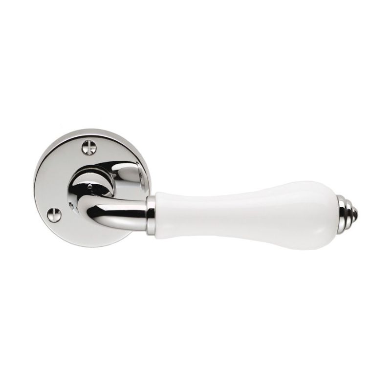 Carlisle Brass Porcelain Lever on Round Rose White Polished Chrome