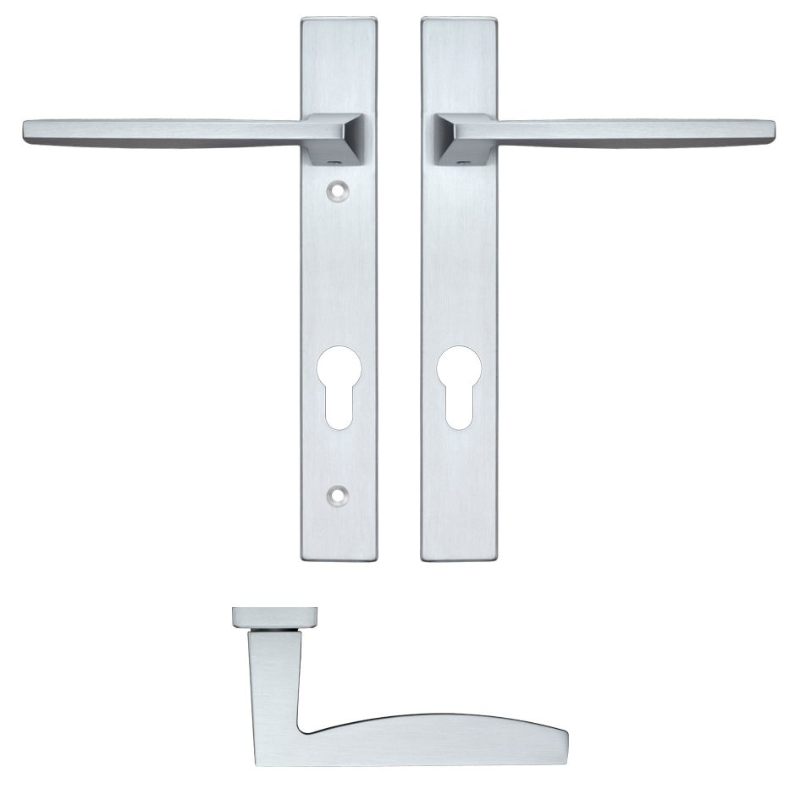 Pavo Lever Euro Lock (92mm c/c) On Narrow Backplate - 220x32mm - Satin Chrome-Satin Chrome
