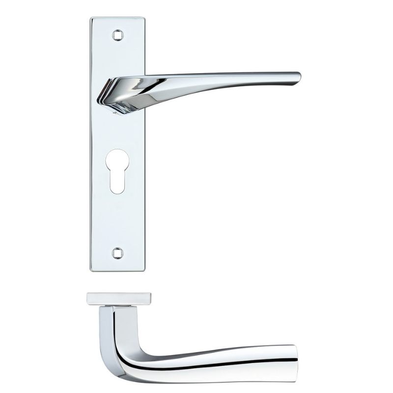 Aries Lever Euro Lock (47.5mm c/c) On Backplate - 190x42mm - Polished Chrome-Polished Chrome