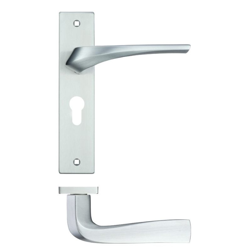 Aries Lever Euro Lock (47.5mm c/c) On Backplate - 190x42mm - Satin Chrome-Satin Chrome