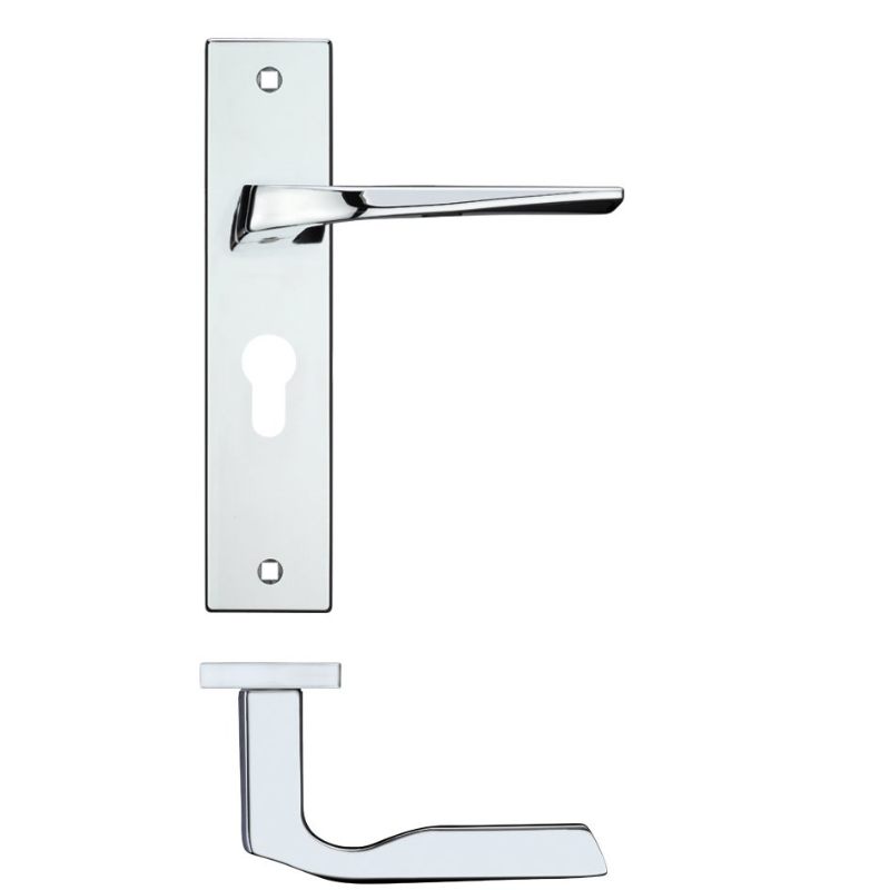 Lyra Lever Euro Lock (47.5mm c/c) On Backplate - 190x42mm - Polished Chrome-Polished Chrome