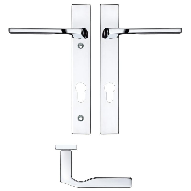 Vela Lever Euro Lock (92mm c/c) On Narrow Backplate - 220x32mm - Polished Chrome-Polished Chrome