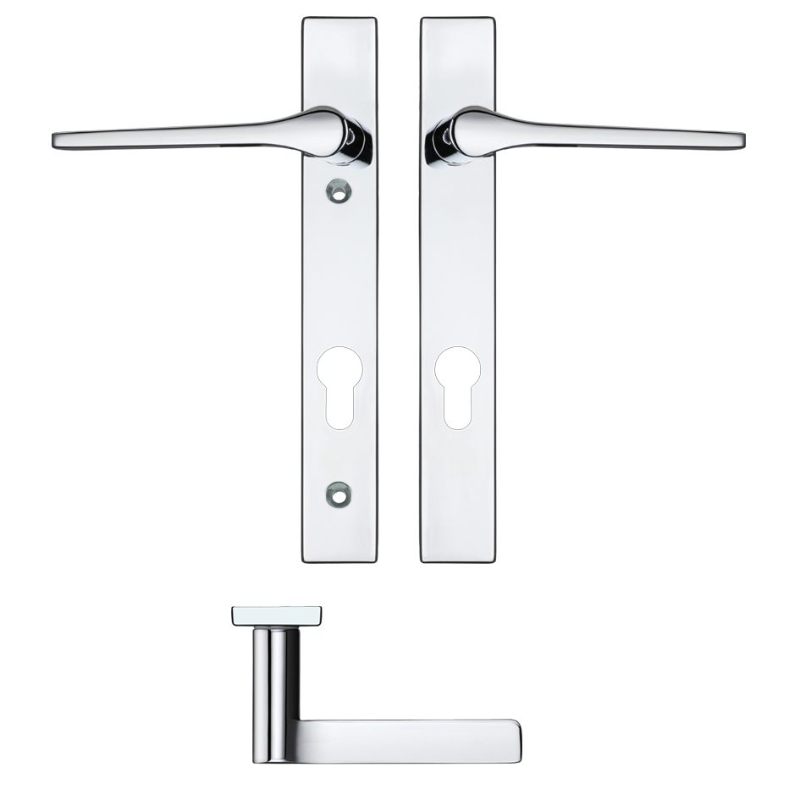 Draco Lever Euro Lock (92mm c/c) On Narrow Backplate - 220x32mm - Polished Chrome-Polished Chrome