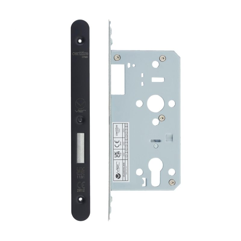 Din Euro Deadlock- Backset 55mm - 2 Pc Forend - Radius - PCB - Powder Coated Black-Powder Coat Black