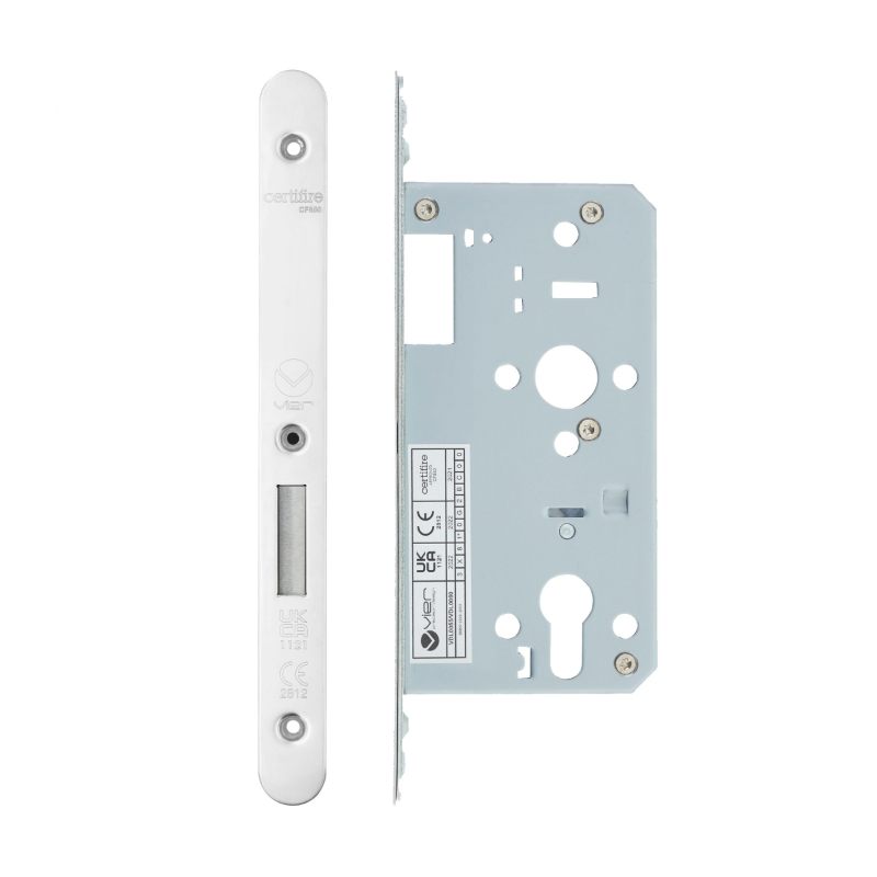 Din Euro Deadlock- Backset 55mm - 2 Pc Forend - Radius - PSS - Polished Stainless Steel-Polished Stainless