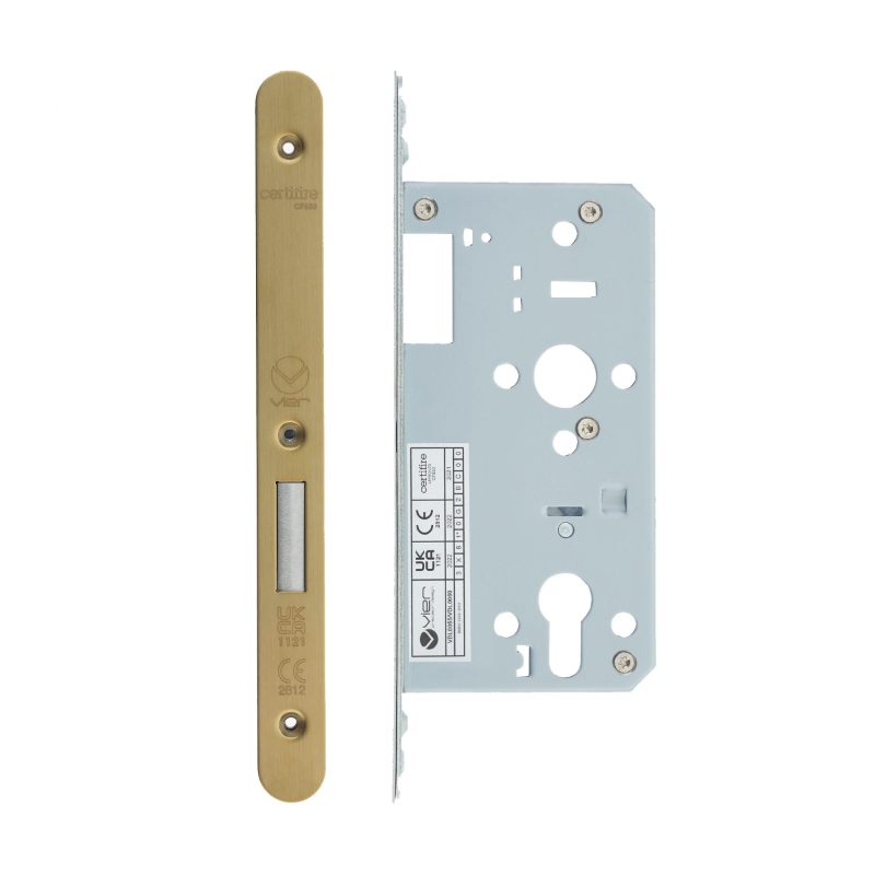 Din Euro Deadlock- Backset 55mm - 2 Pc Forend - Radius - PVDSB- Satin Brass Effect-PVD Satin Brass