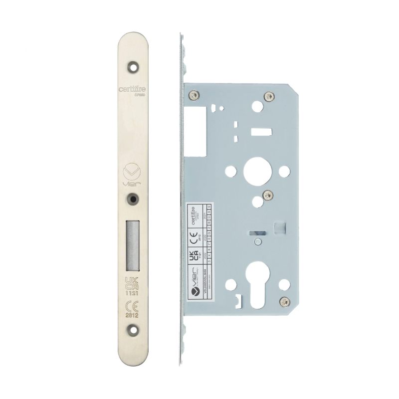 Din Euro Deadlock- Backset 55mm - 2 Pc Forend - Radius - SSS - Satin Stainless Steel-Satin Stainless