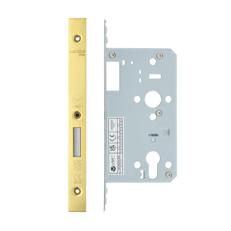 Din Euro Deadlock- Backset 60mm - 2 Pc Forend - Square - PVDG- Polished Brass Effect-PVD Satin Brass