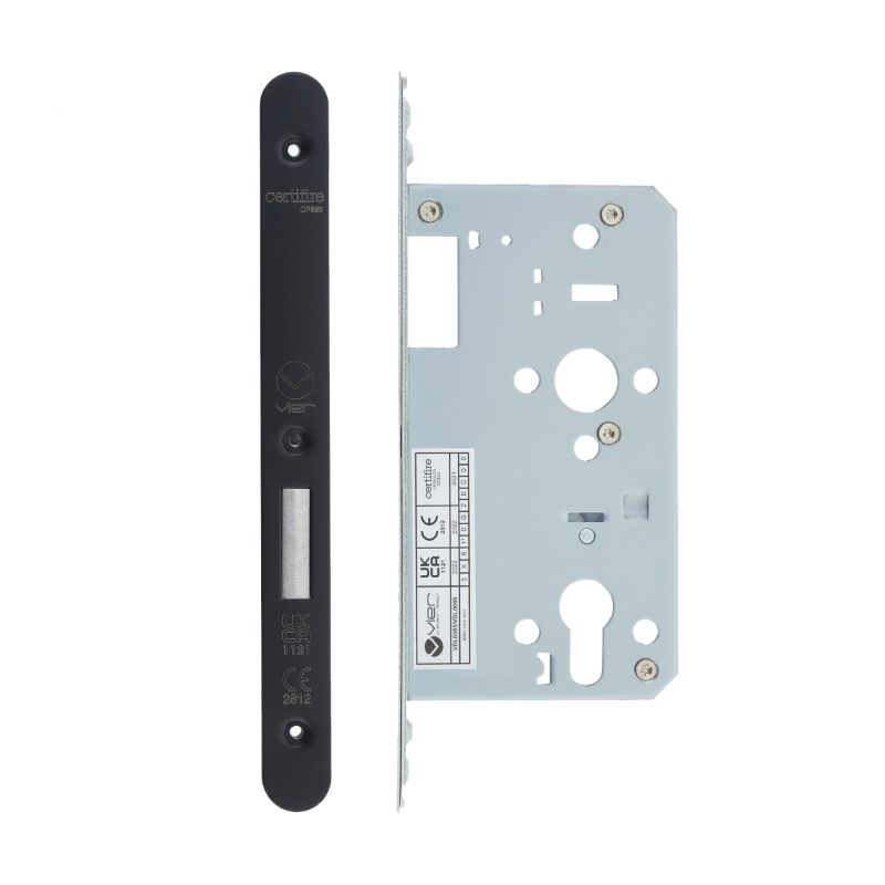 Din Euro Deadlock- Backset 60mm - 2 Pc Forend - Radius - PCB - Powder Coated Black-Powder Coat Black