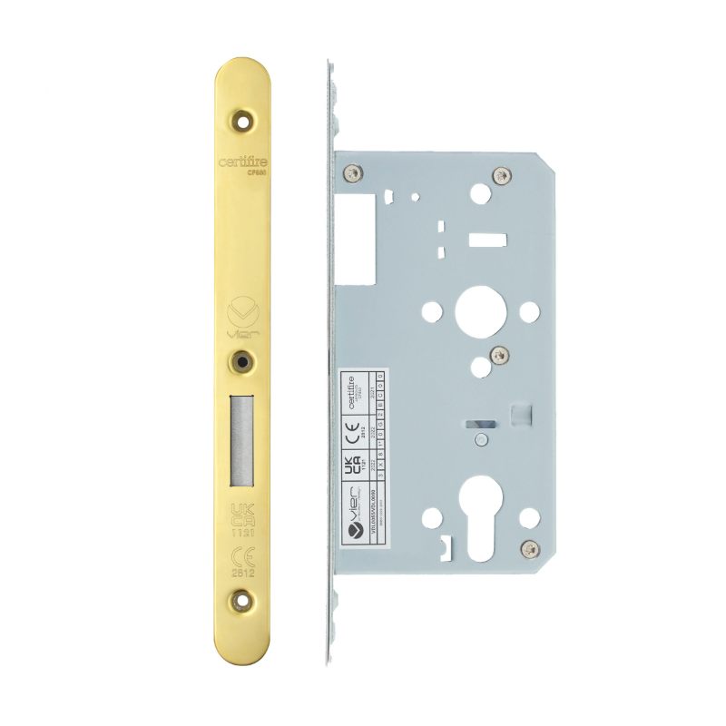 Din Euro Deadlock- Backset 60mm - 2 Pc Forend - Radius - PVDG - Polished Brass Effect-PVD Satin Brass