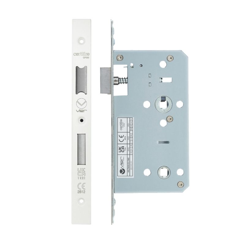 Din Bathroom- Backset 60mm - 2 Pc Forend - Square - PCW - Powder Coated White-Powder Coat White