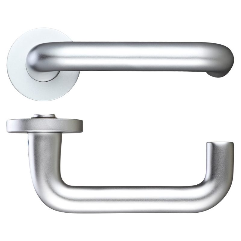 19mm Return to Door Lever on Round Screw on Rose - 53mm dia-Satin Aluminium