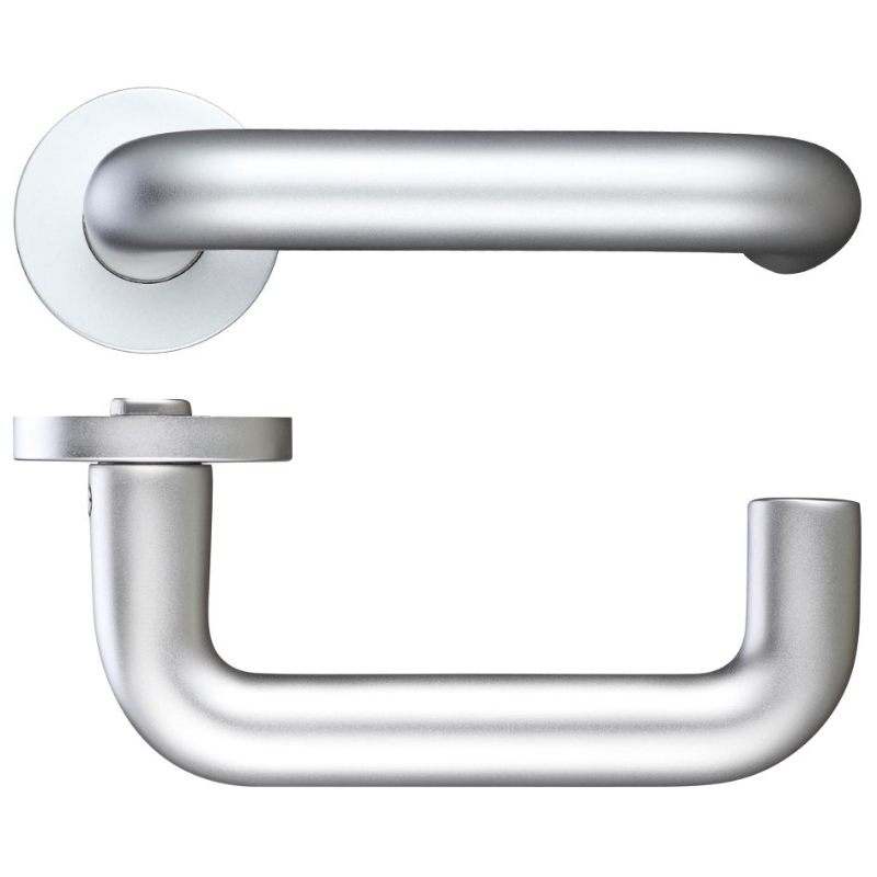 22mm Return to Door Lever on Round Screw on Rose - 53mm dia-Satin Aluminium