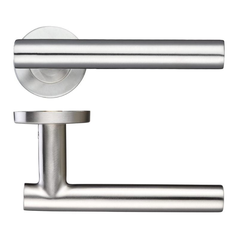 19mm Straight T-Bar Lever - Push On Rose - 52mm Dia - Grade 201-Satin Stainless