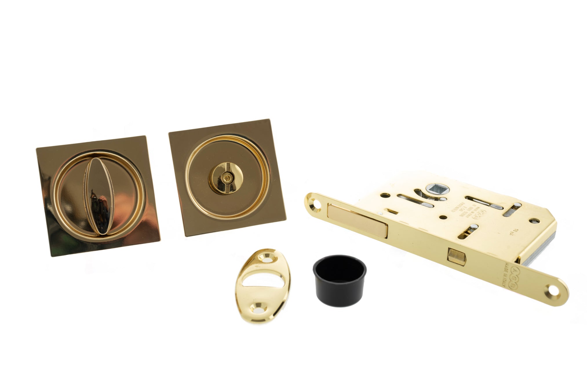 AGB Sliding Door Bathroom Lock Set with Square Flush Handle - Polished Brass