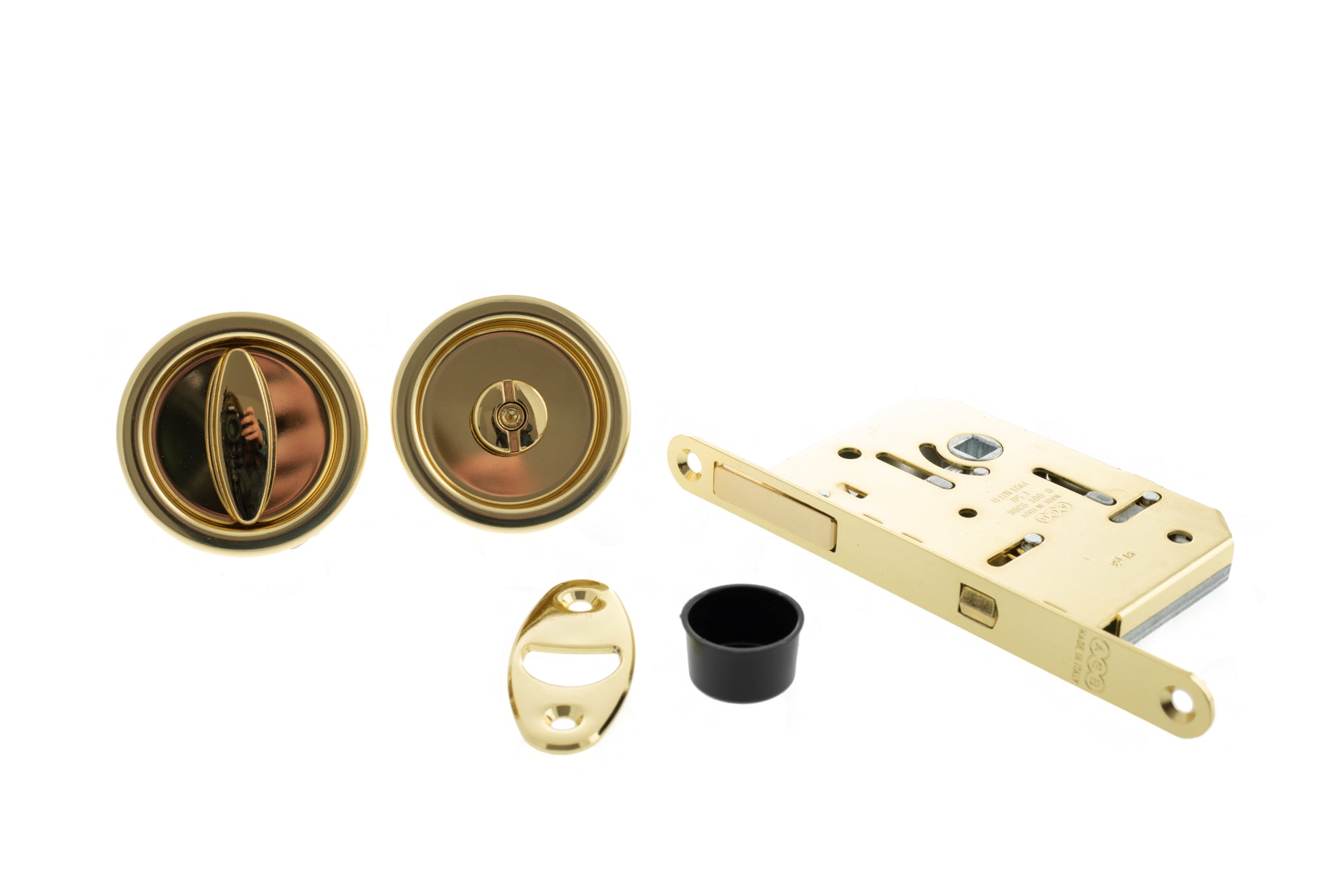 AGB Sliding Door Bathroom Lock Set with Round Flush Handle - Polished Brass