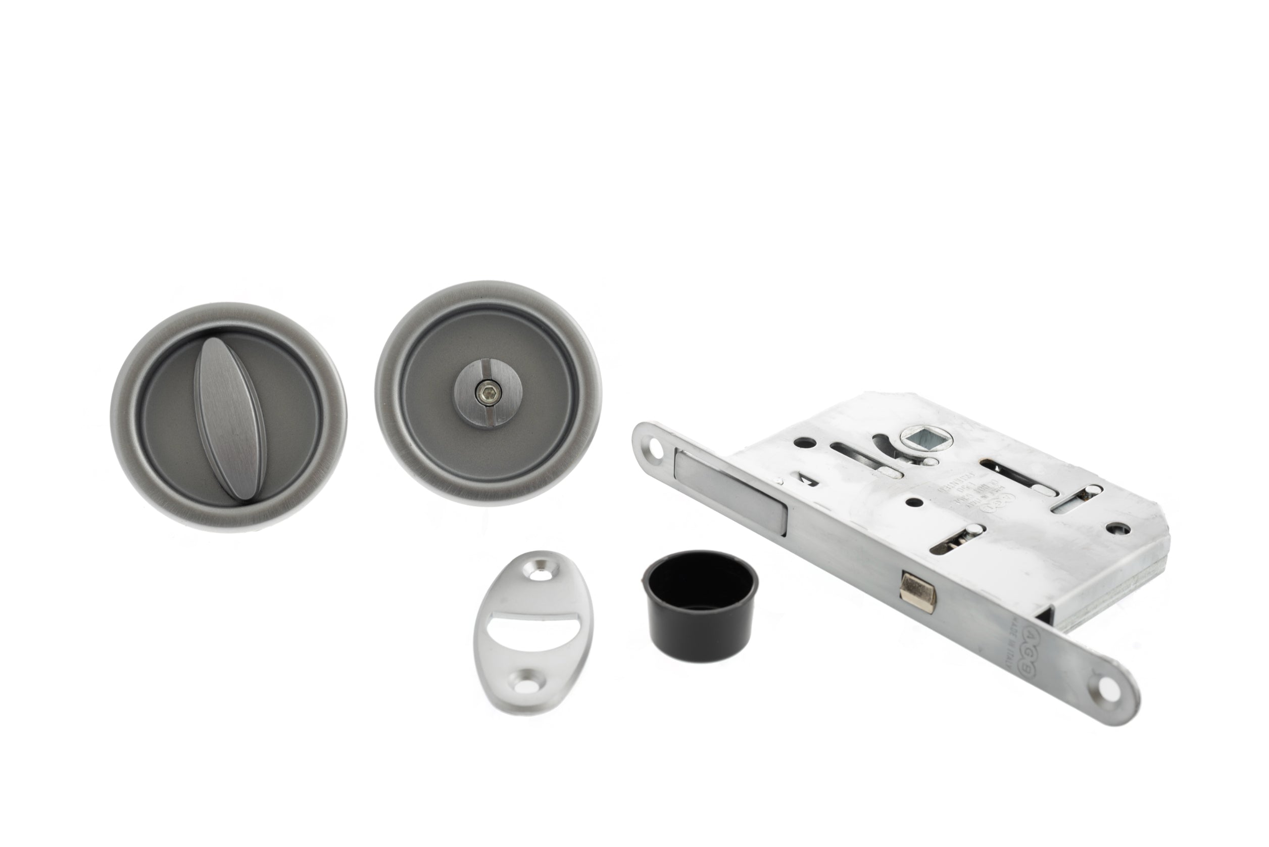 AGB Sliding Door Bathroom Lock Set with Round Flush Handle - Satin Chrome