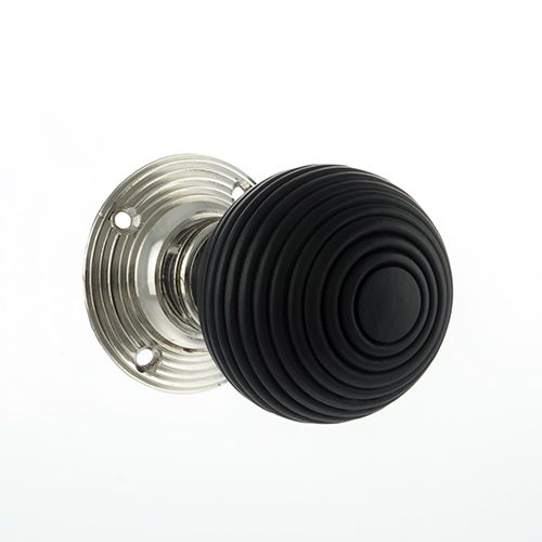 Old English Whitby Ebony Wood Reeded Mortice Knob on 60mm Face Fix Rose - Polished Nickel