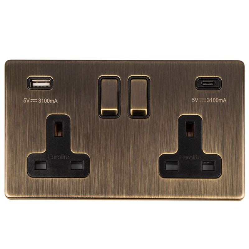 Carlisle Brass 2 Gang 13Amp Switched Socket With USB C Ant Brass