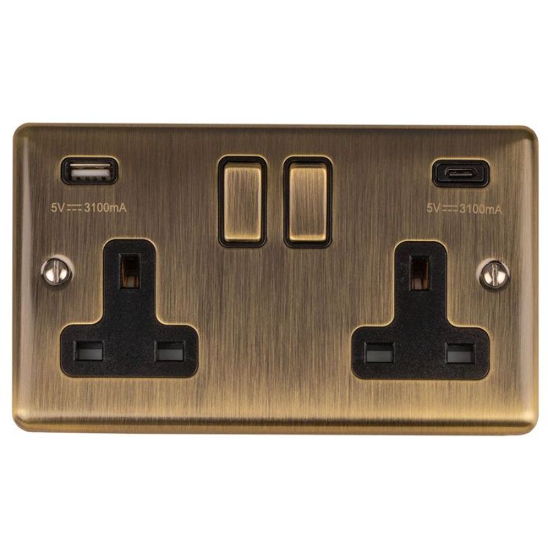 Carlisle Brass 2 Gang 13Amp Switched Socket With USB C Antique Brass