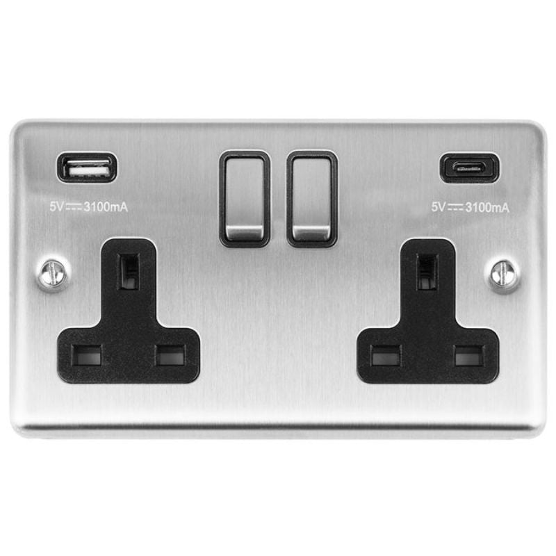 Carlisle Brass 2 Gang 13Amp Switched Socket With USB C Stainless Steel