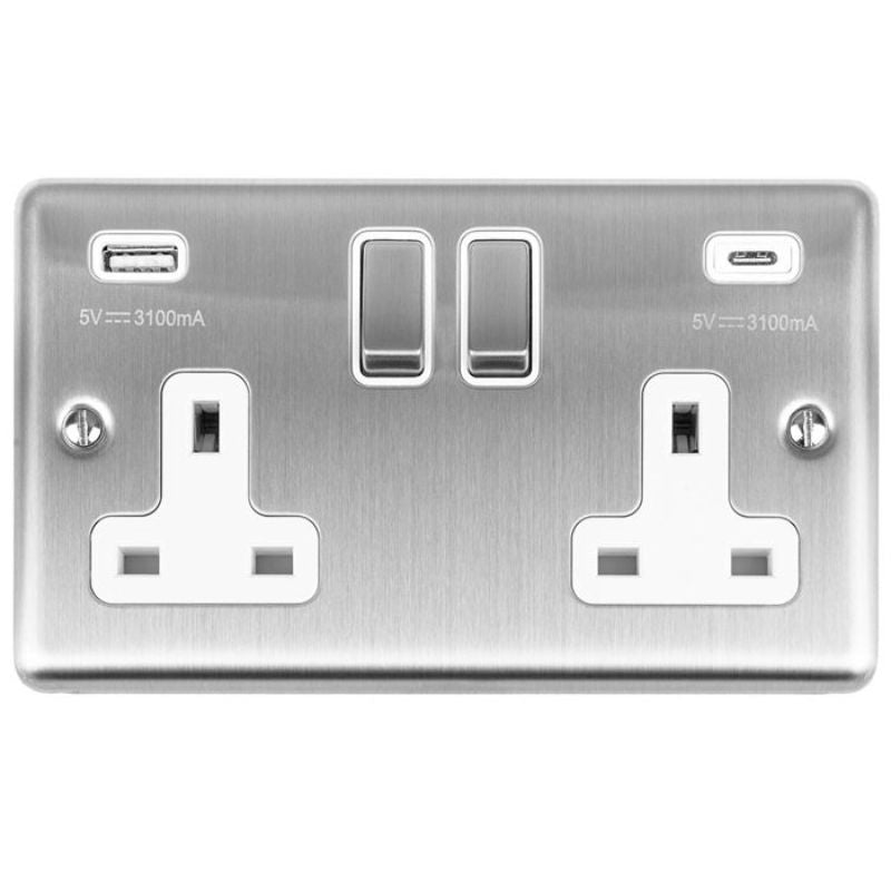 Carlisle Brass 2 Gang 13Amp Switched Socket With USB C Stainless Steel