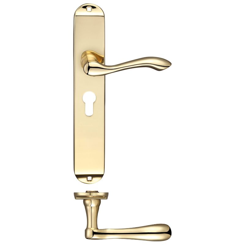 Arundel Lever Euro Lock (47.5mm c/c) Furniture - Long Plate 245 x 42mm-Polished Brass