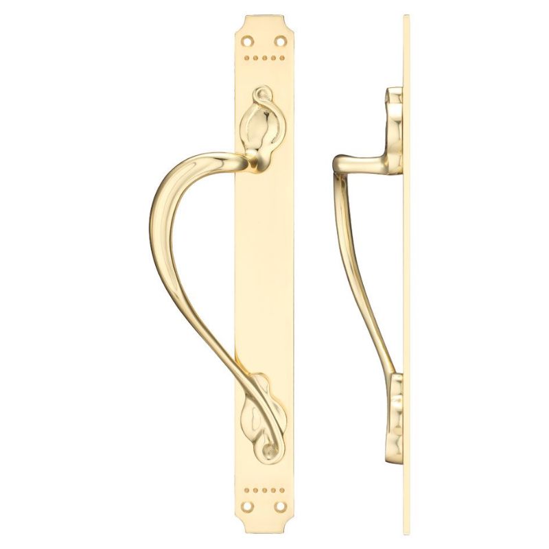 Cast Brass Pull Handle with Art Nouveau Backplate - Left Handed - 377 x 42mm-Polished Brass