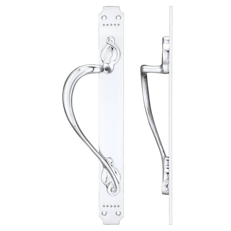 Cast Brass Pull Handle with Art Nouveau Backplate - Left Handed - 377 x 42mm-Polished Chrome