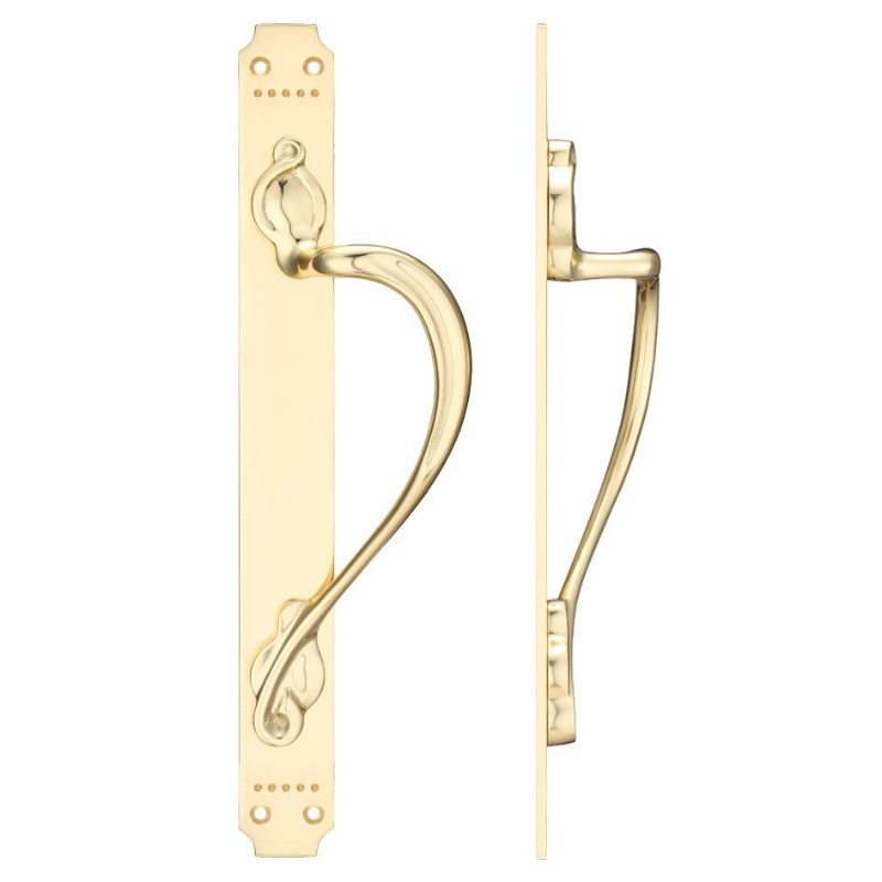 Cast Brass Pull Handle with Art Nouveau Backplate - Right Handed - 377 x 42mm-Polished Brass