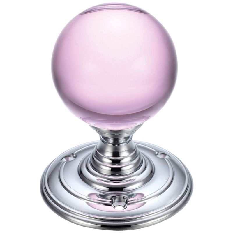 Glass Ball Mortice Knob - Plain Pink 55mm-Polished Chrome / Pink Glass