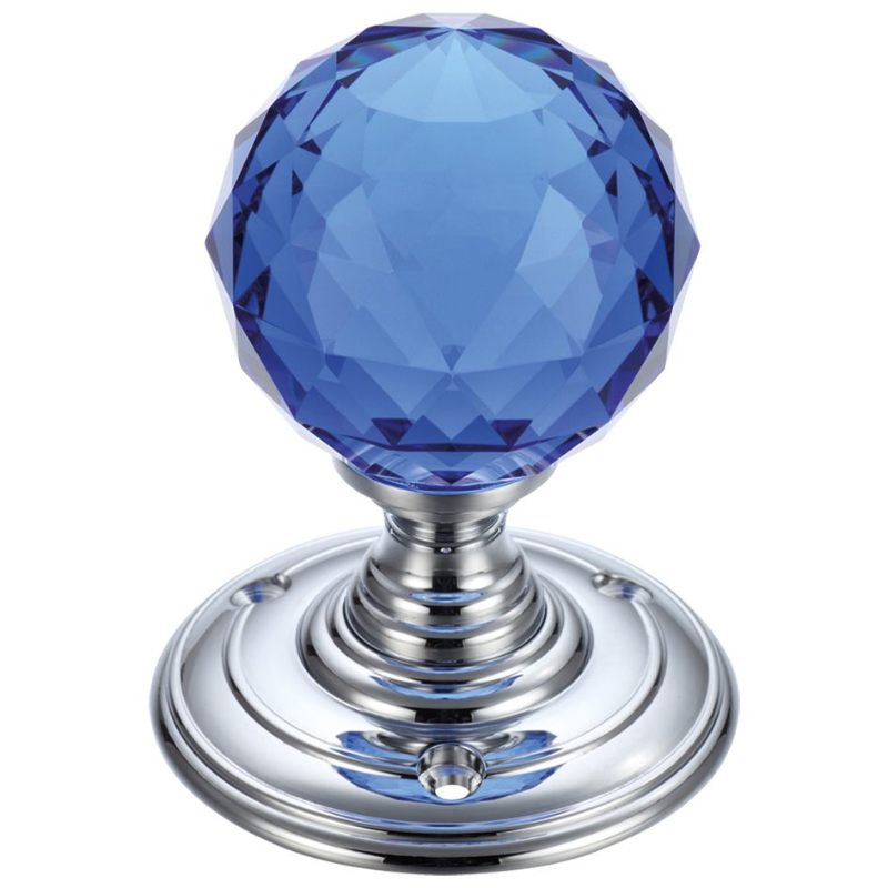 Glass Ball Mortice Knob - Facetted Blue 55mm-Polished Brass